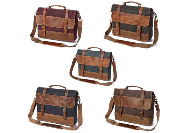 Reusable Antiwear Canvas Leather Messenger Bag , 14 Inch Waxed Canvas Shoulder Bag