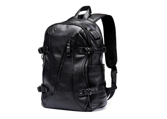 Durable Black Leather Business Casual Backpack Waterproof With USB Charging