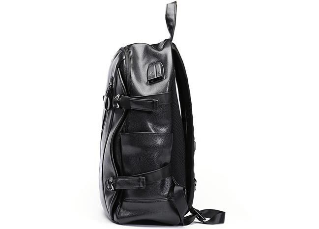 Durable Black Leather Business Casual Backpack Waterproof With USB Charging