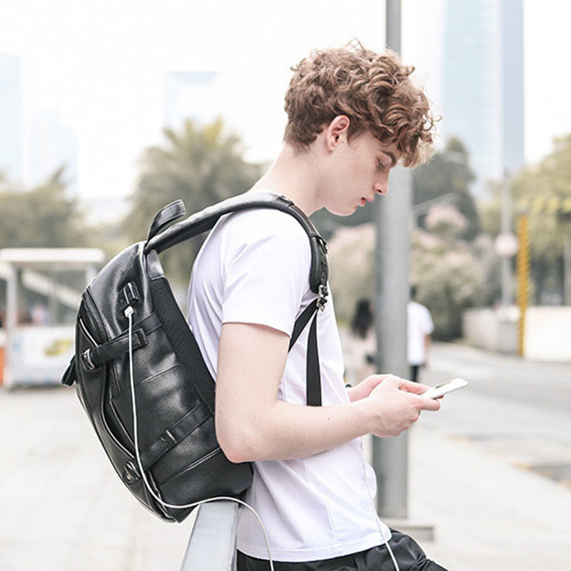 Durable Black Leather Business Casual Backpack Waterproof With USB Charging