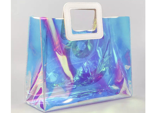 Iridescent Thickened Clear PVC Handbags With PU Leather Handle