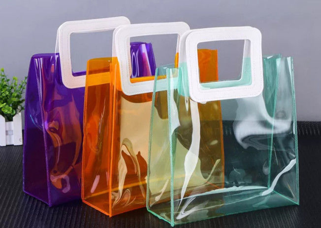 Iridescent Thickened Clear PVC Handbags With PU Leather Handle