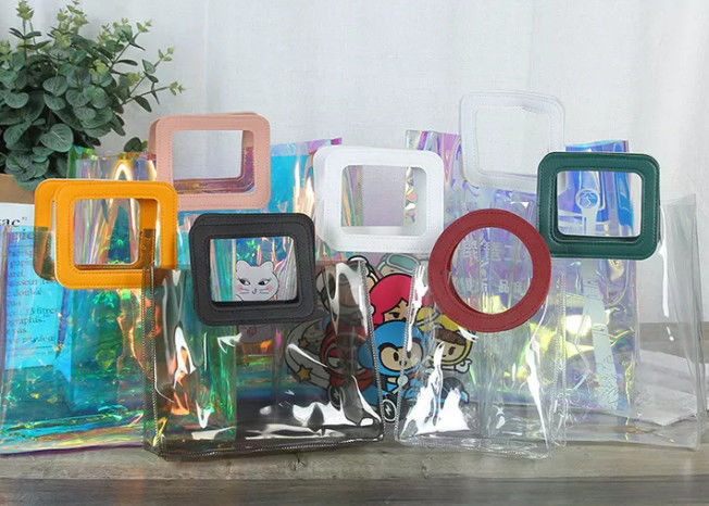 Iridescent Thickened Clear PVC Handbags With PU Leather Handle